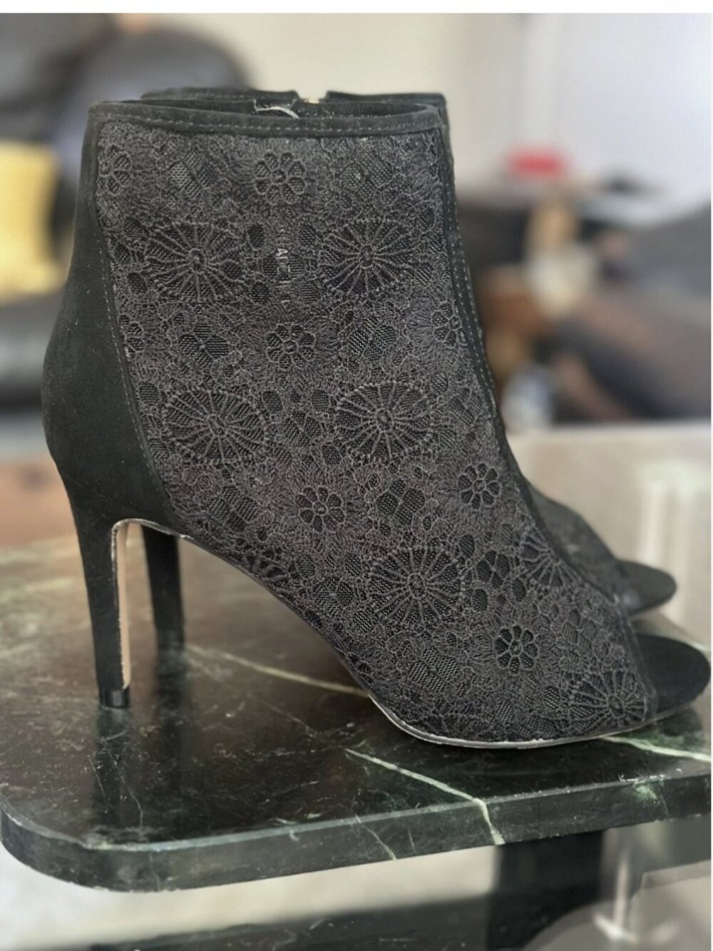 Nanette Lepore Lace Heidi Black Peep Toe Heel 8.5M